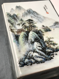 A square Chinese qianjiang cai brush pot with landscapes, 20th C.
